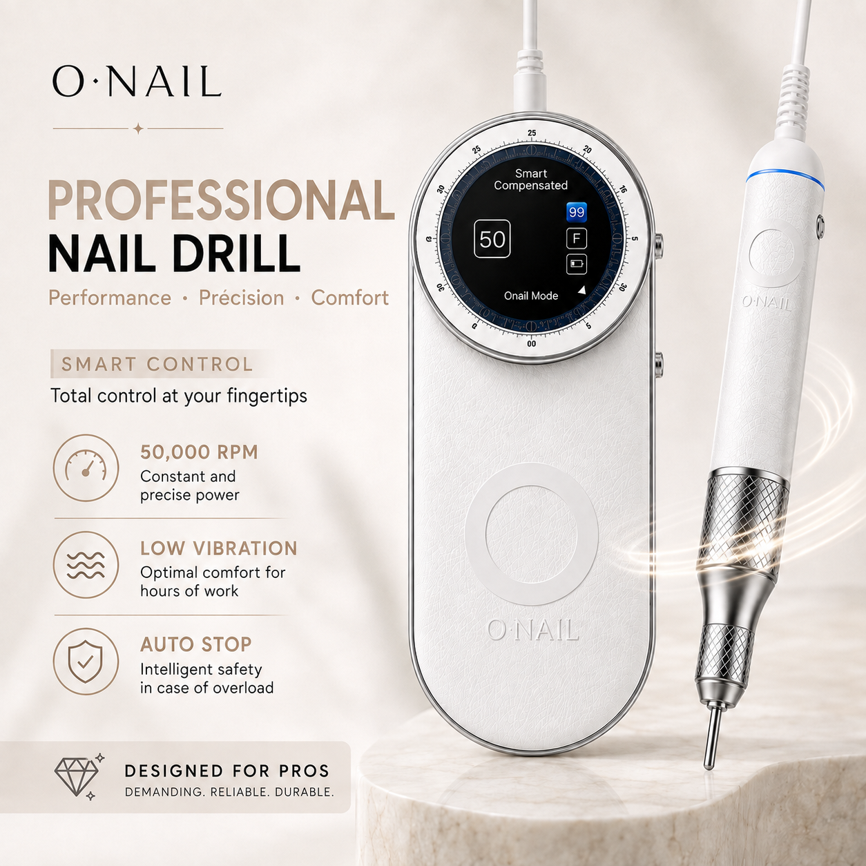 ONAIL - Professional nail drill with Smart Control, 50,000 RPM, low vibration and automatic stop